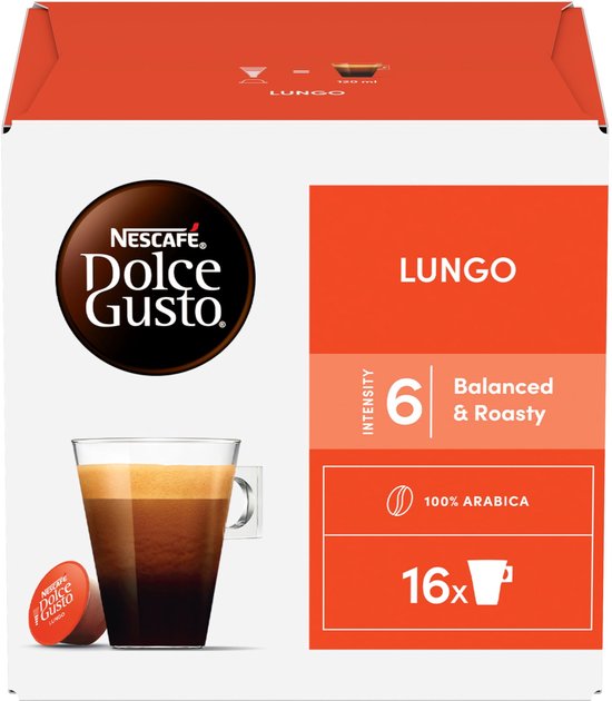 Nescafé Dolce Gusto Lungo verpakking met 16 cups. Koffie met intensiteit 6, gebalanceerd & geroosterd. 100% Arabica.