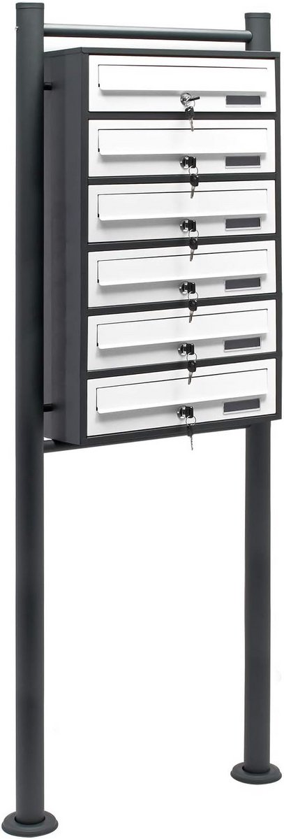 Mailbox systeem met 6 brievenbussen en standaardsbasis, poedercoat antraciet-wit