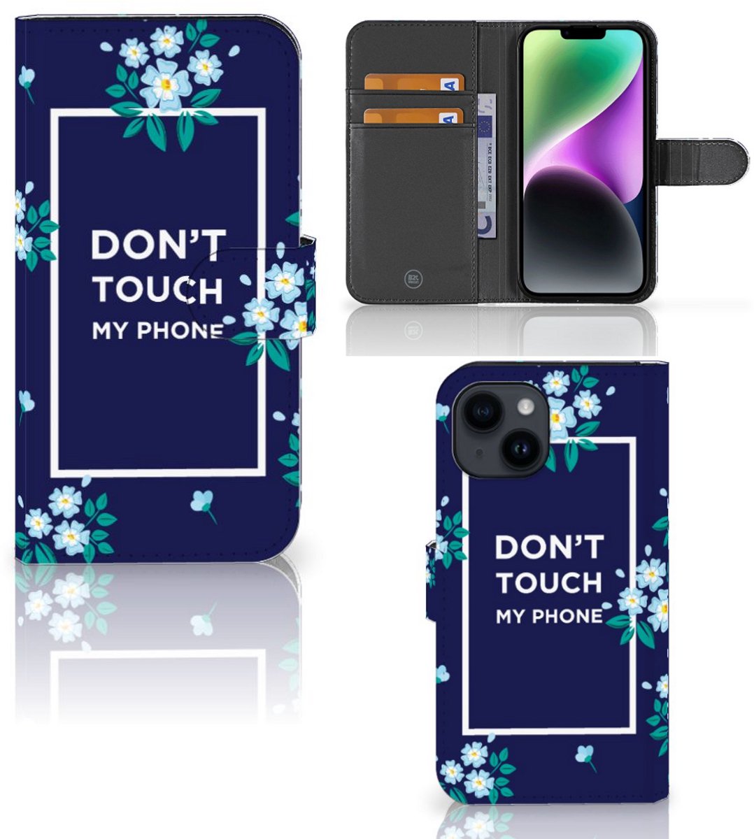 iPhone 15 Portemonnee Hoesje Flowers Blue DTMP