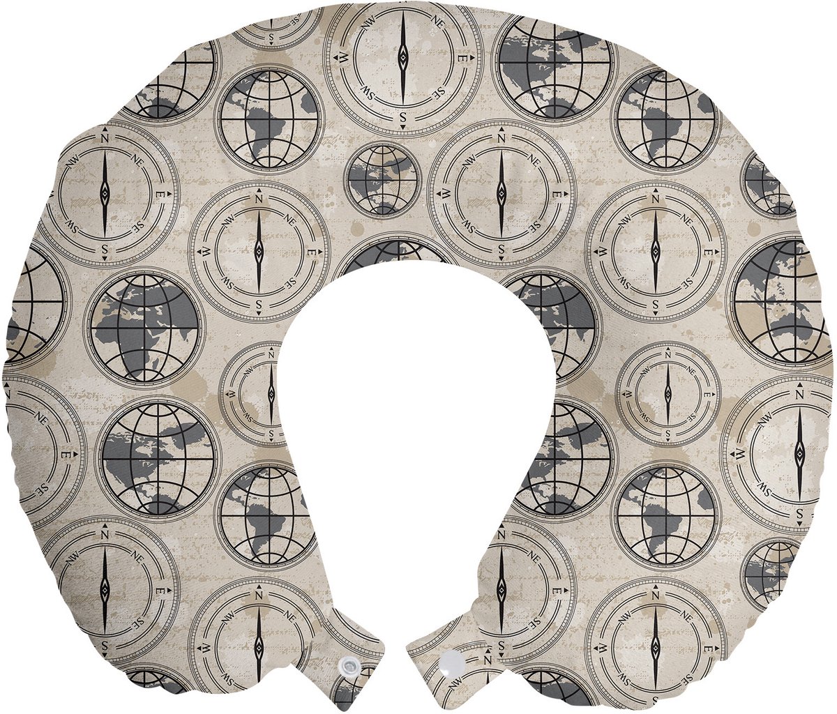 ABAKUHAUS Kompas Reiskussen met Neksteun, Continentenpatroon, Schuimrubber Reisaccessoire voor Vliegtuig en Auto, 30x30 cm, Zwart, Grijs, Beige