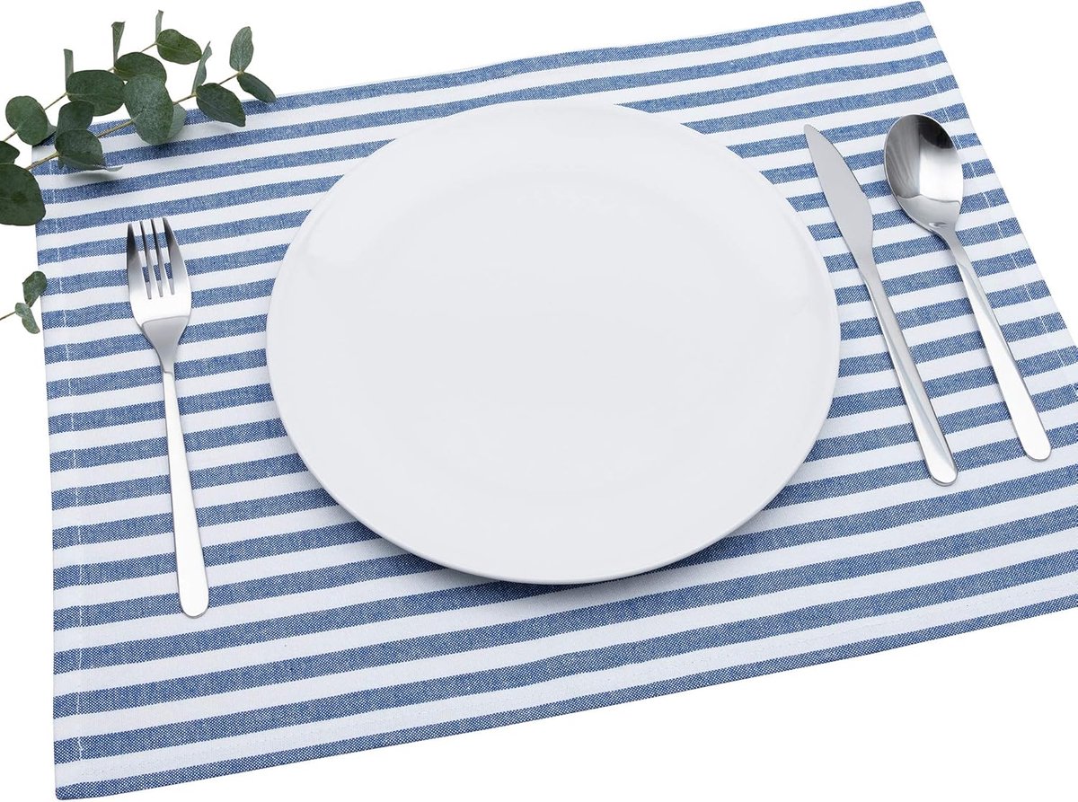 Scandinavische placemats blauw/wit gestreept - 4 stuks 33 x 45 cm van 100% katoen