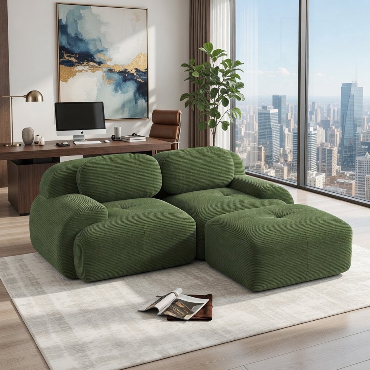 Luxe Modulaire Corduroy Hoekbank Set | 2-Zits Sofa + Hocker | Premium Ribfluweel Design Comfort Bank | Modern Woonkamer, Kantoor & Lounge Bank | Antislip Onderkant | Zonder Montage | Groen - Casa Serena