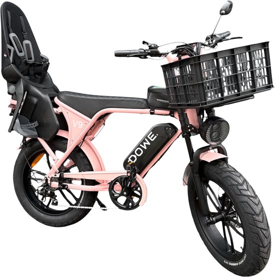 Elektrische fatbike roze met kinderzitje, 250W motor, 25 km/h, 100 km bereik, hydraulische remmen, vering