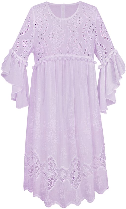 YWG - Cotton Vrouwen Mini Jurk Geborduurde Ruches Mouw - Maat M