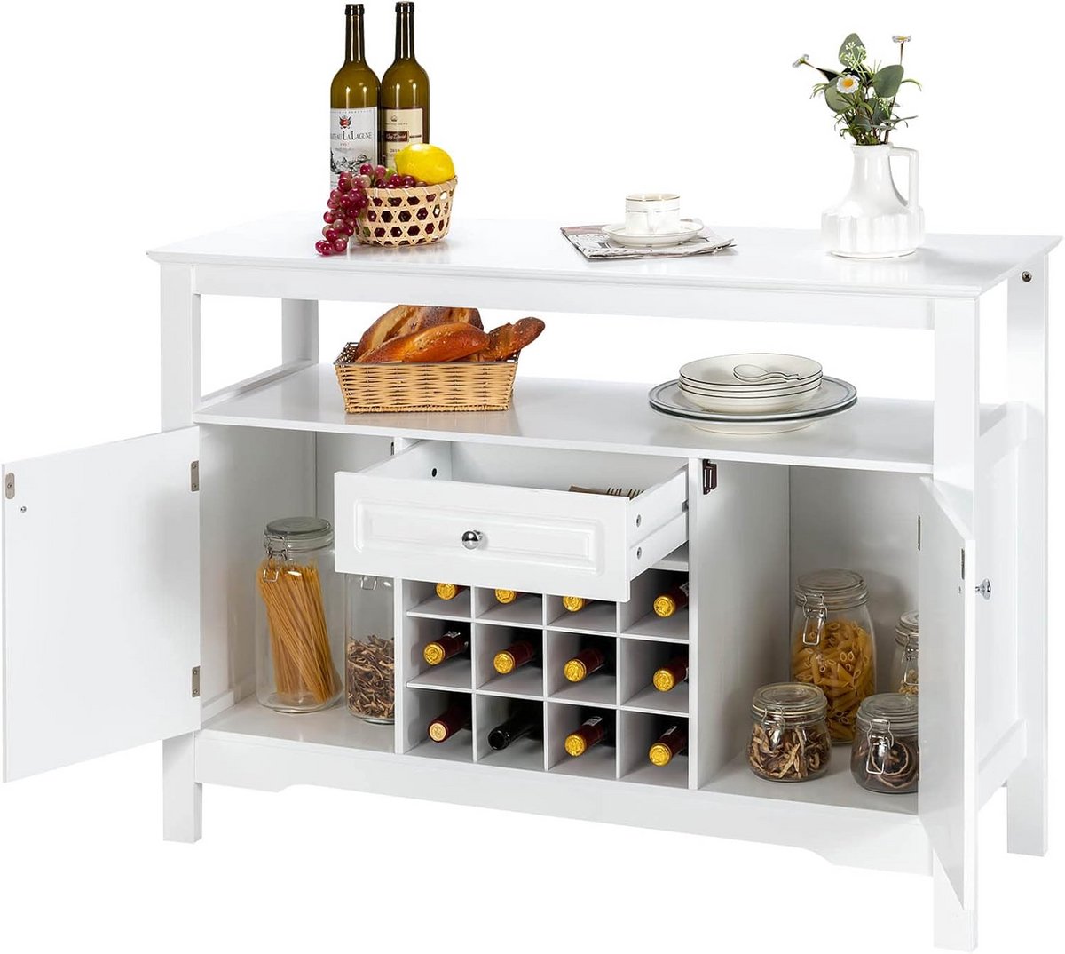 Moderne Keukenkast met Wijnrek en Lade - Wit, 116 x 40 x 82 cm, Dressoir voor Eetkamer
