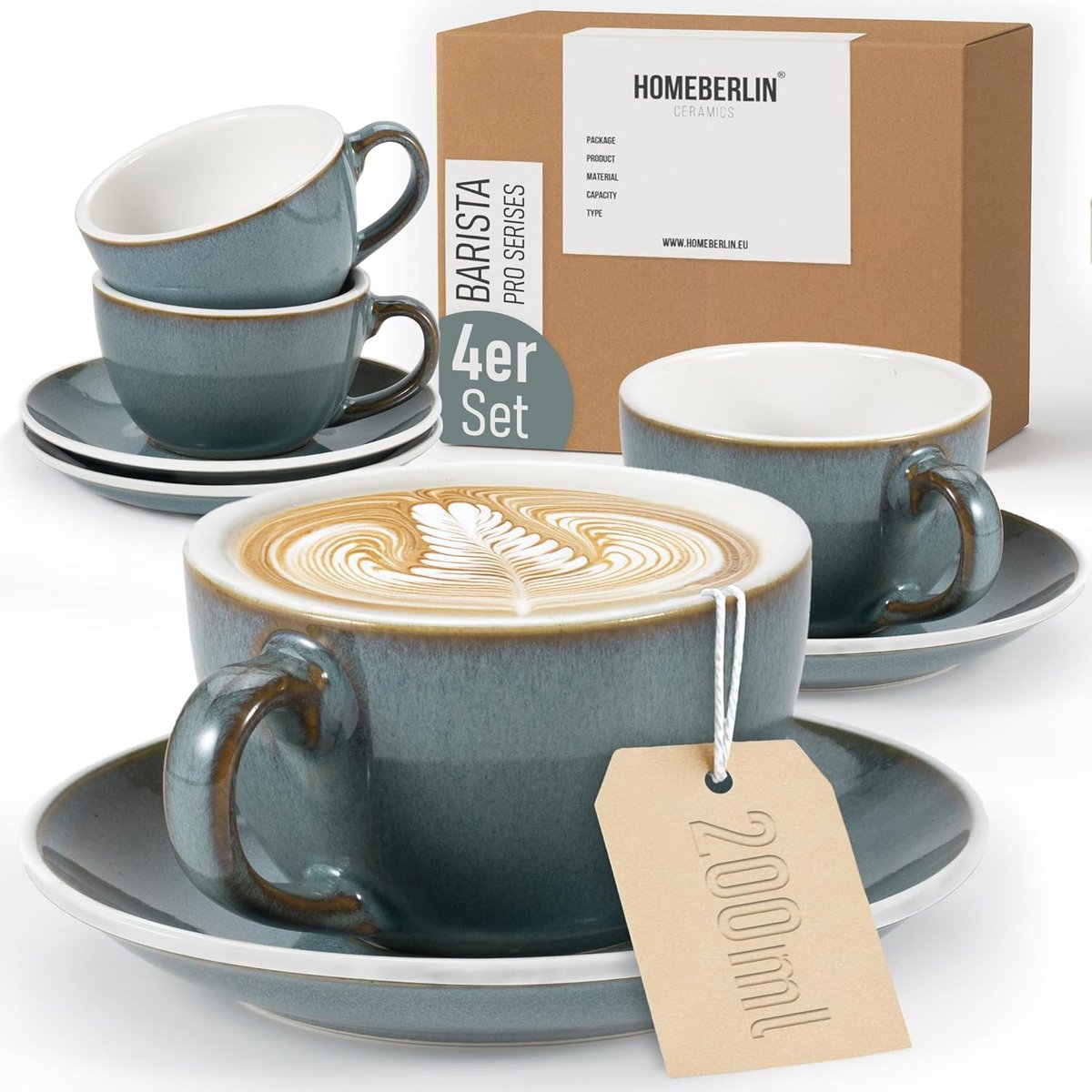 Moderne Cappuccinokopjes Set van 200 ml - Hoogwaardig Aardewerk Koffiekopjes met Schoteltjes - 100% Handgemaakt
