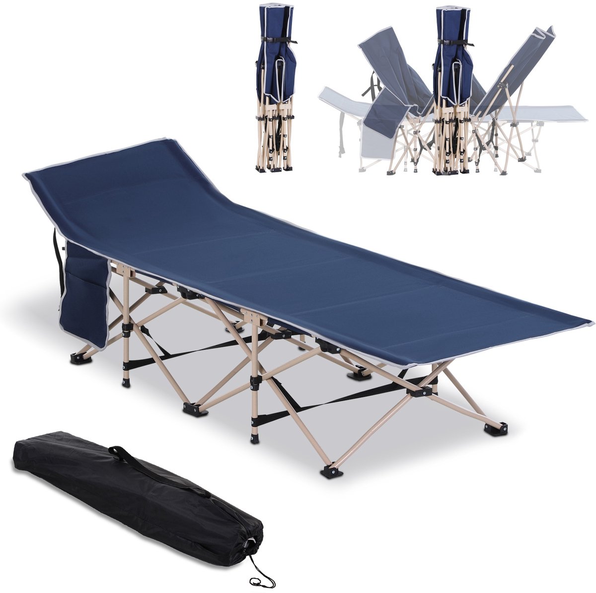 Wishdor - Opvouwbaar Veldbed - Met Draagtas - Stalen Frame - Polyester 600D Oxford - Blauw - 190 X 68 X 52 Cm