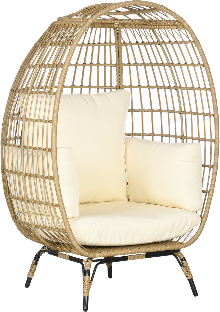 Wishdor - Rattan Tuinstoel Met Ovale Zitkorf - Met Zitkussen En Verstelbare Voeten - Stalen Frame - Khaki - 105 X 90 X 148 Cm