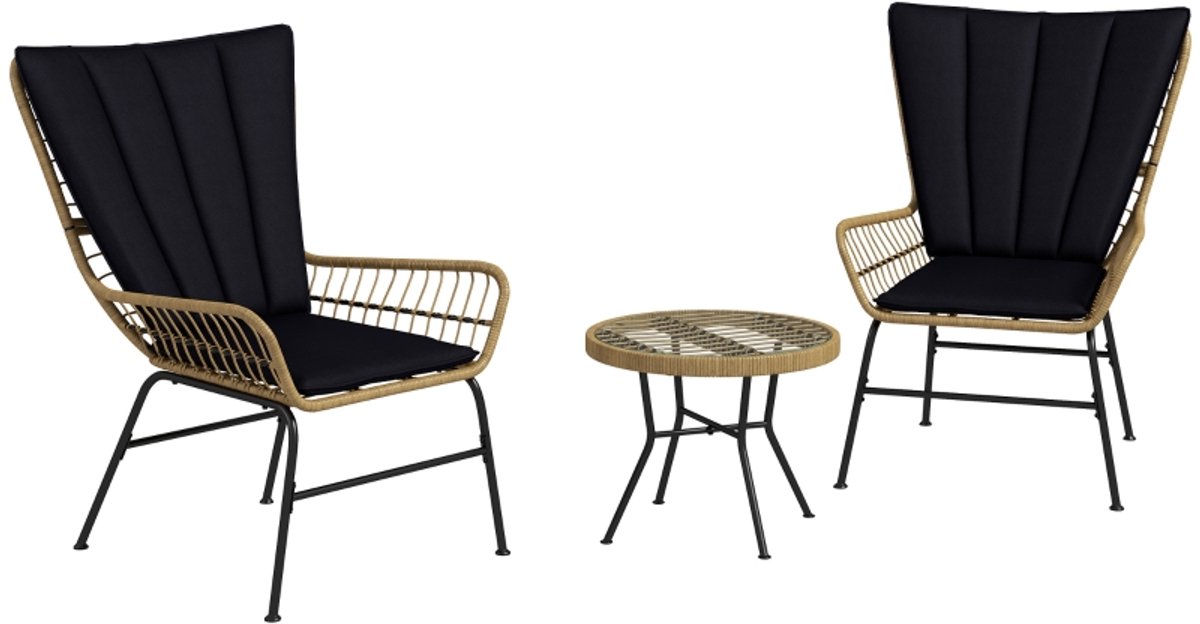 Wishdor - 3-Delige Rattan Bistroset - 2 Stoelen En Ronde Bijzettafel - Gehard Glazen Tafelblad - Zwart