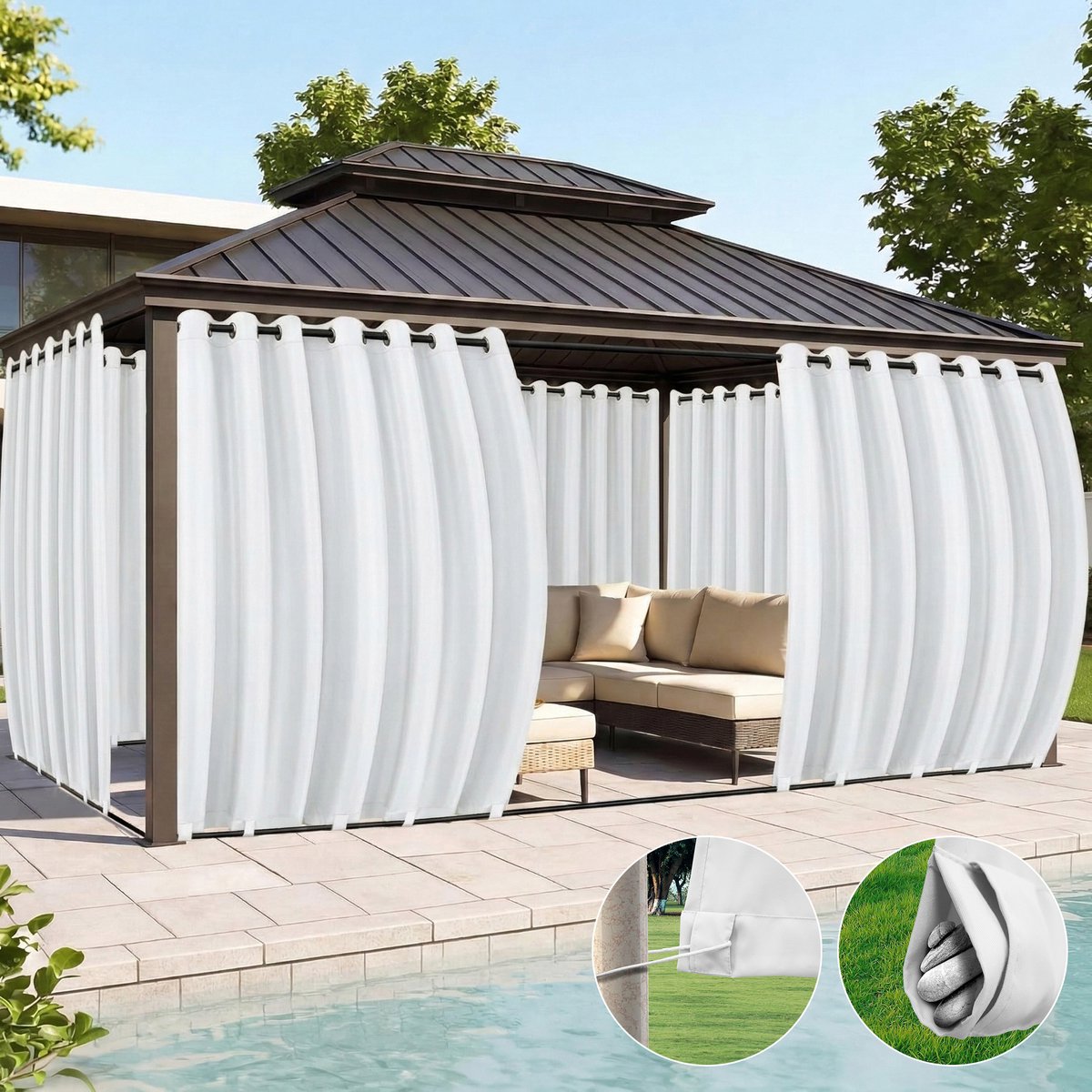 Qelus 2 Stuks Extra Breed Buitengordijnen Winddicht & Waterdicht - Outdoor Gordijn met Oogjes (Boven) en Anti-wind Lussen (Onder) - Weerbestendig voor Pergola - 180x244cm - Wit Wit - 2 Stuks