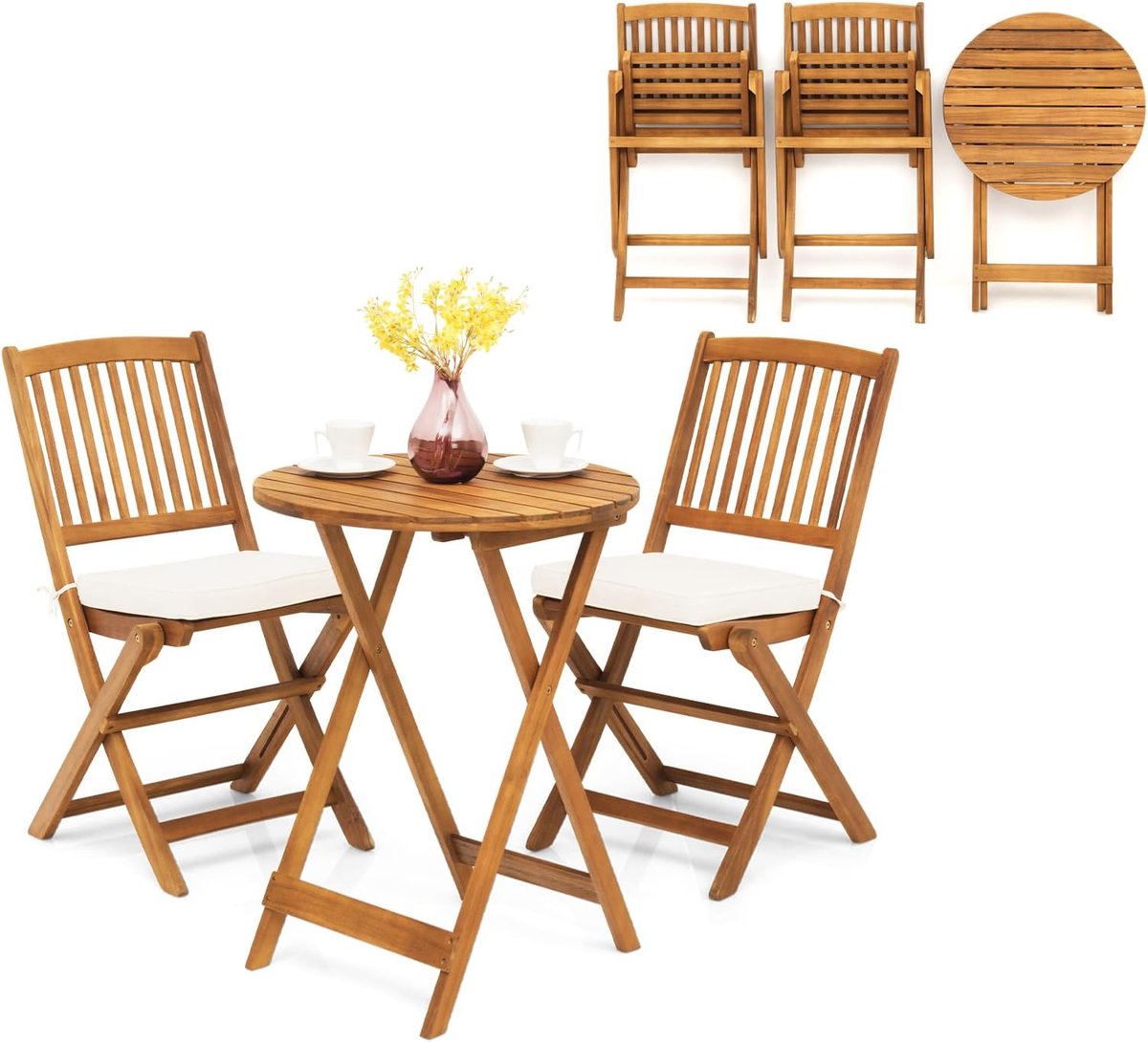 KOMFOTTEU 3-delige Bistroset inklapbaar - Balkonmeubel hout - Tuinmeubelset met 1 tafel en 2 stoelen met 2 kussens - balkonset zitgroep - voor balkon, tuin