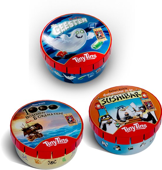Drie ronde blikjes. Boven: Geestje met 'Vlotte Geefkes'. Midden: Schip met 'Bommen & Granaten'. Rechts: Pinguïns met 'Sushi Bar'.