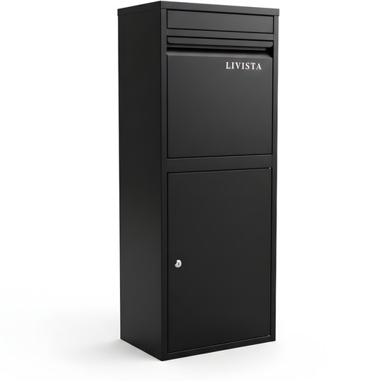 Zwarte LIVISTA pakketbrievenbus, op een witte achtergrond. Model met twee compartimenten en slot.