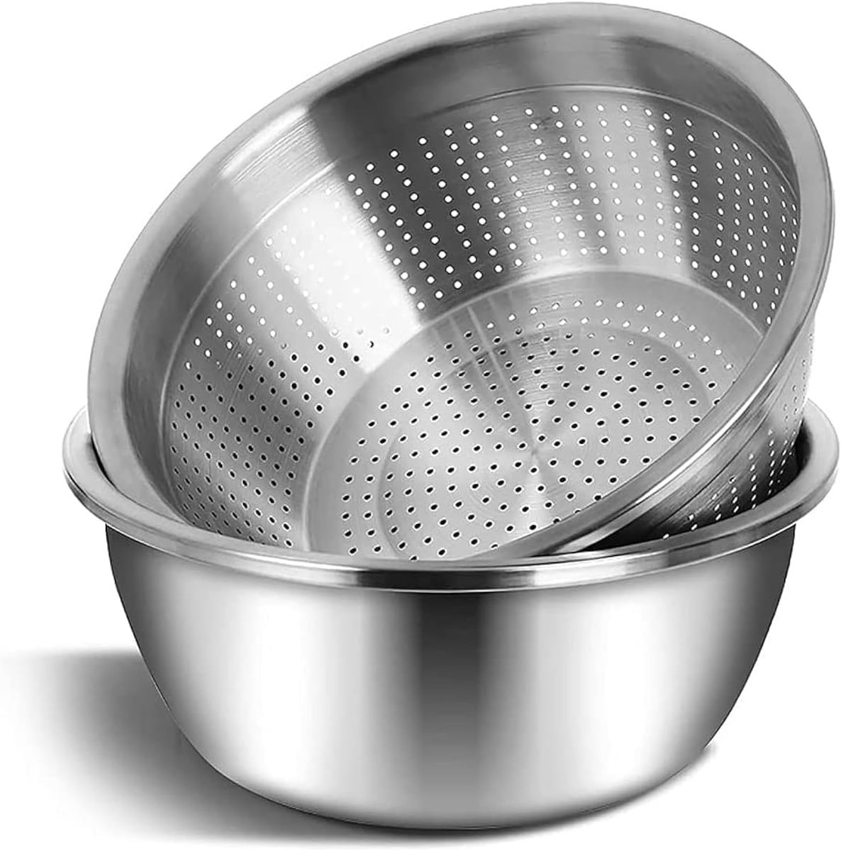 Famanu – Keukenzeef en kom set van 2, roestvrij staal, 24 cm, stapelbaar voor rijst, salade en fruit