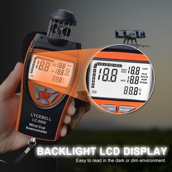 Professionele Draagbare Anemometer met 360° Windsensor - Meet Windsnelheid & Temperatuur - LCD & Kompas — afbeelding 4