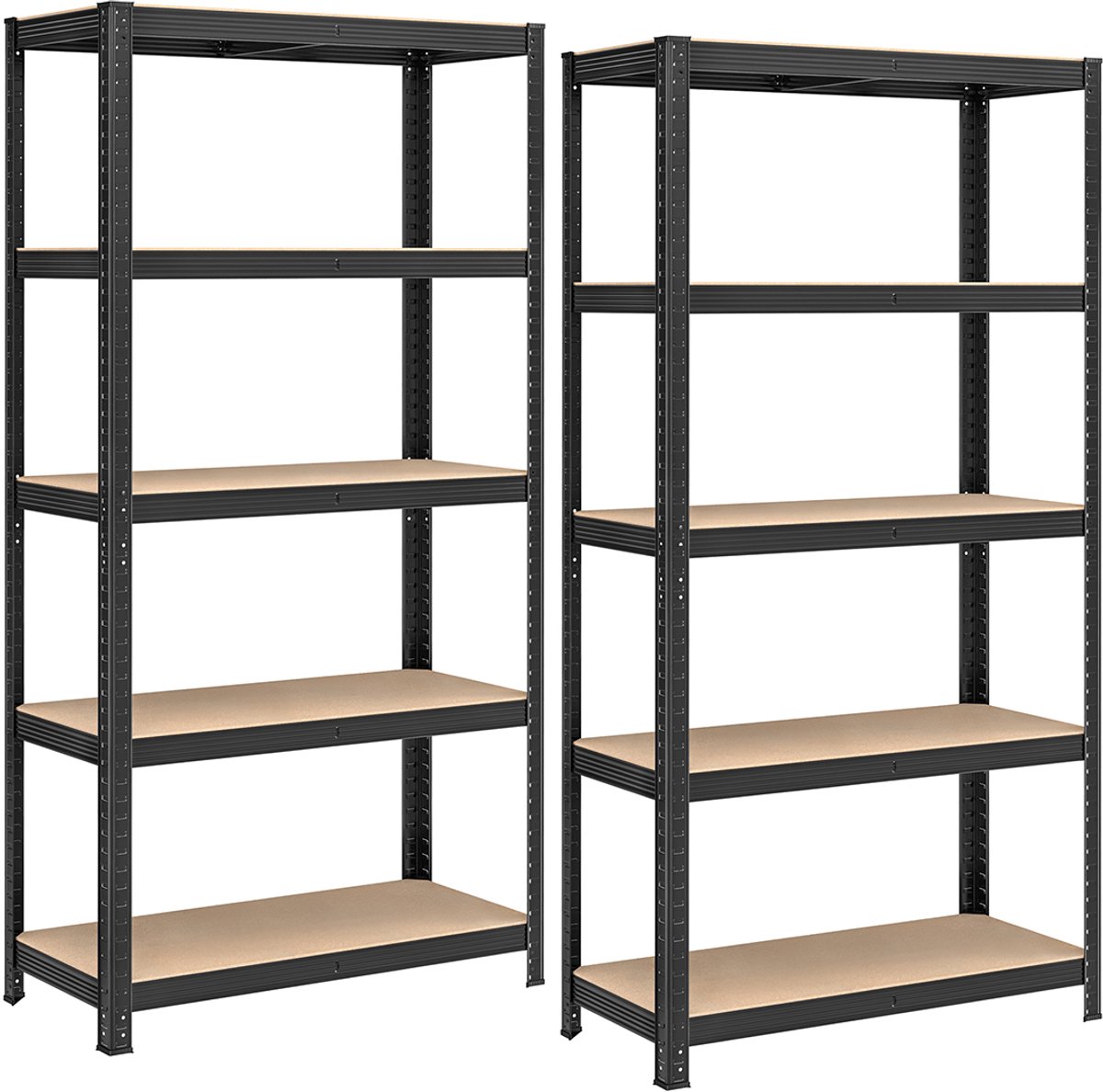 Set van 2 5-laags stellingen – Staal – Zilver/grijs en Zwart/roestbruin – Verstelbare schappen, draagvermogen 650 kg