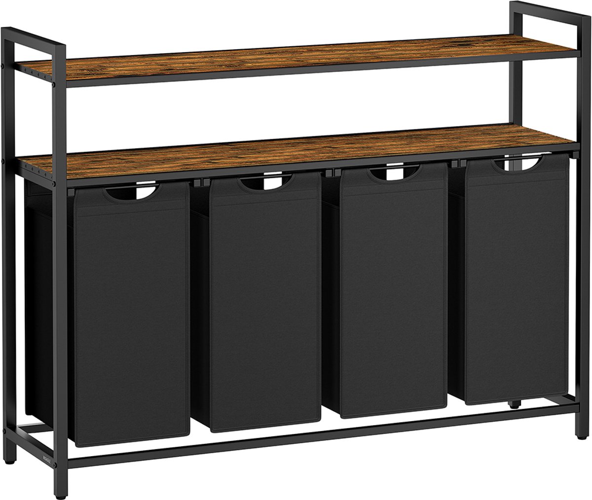 Wasmand – Hout en stof – Rustiek bruin en zwart – 4 uittrekbare, verwijderbare zakken met schappen