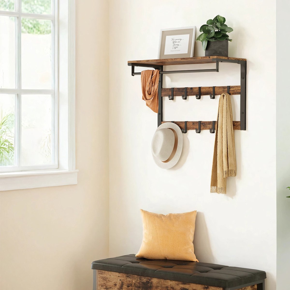Wandkapstok – Hout – Eiken en wit/grijs en zwart/rustbruin – 10 afneembare haken met plank