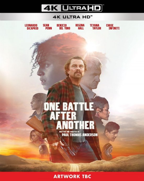 4K Ultra HD Blu-ray hoes met Leonardo DiCaprio in het midden met een geweer. Tekst: One Battle After Another.