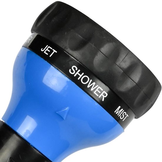 Blauwe en zwarte draaiknop met instellingen 'Jet', 'Shower', 'Mist'.