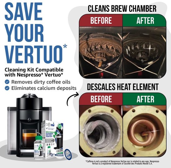Caffenu Onderhoudsset Koffiemachine Reiniger & Ontkalker voor Nespresso Vertuo - Ontkalker 200 ml (2 Doseringen) + 6 Reinigingscups - Ontkalkingsset - Zorgt voor Warmere Koffie, Betere Smaak en Langere Levensduur Koffiezetapparaat