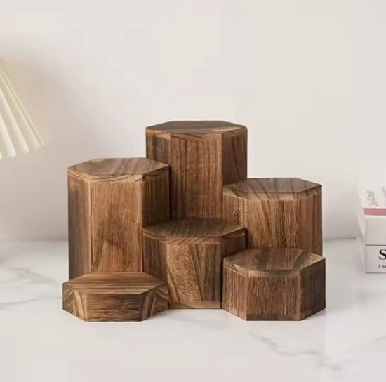 Houten Zeshoekig Displayrek 6-delig – Sieraden & Accessoires Organizer – Bruin Kubus Opbergrek – Stapelbaar – Stijlvol Cadeau-idee