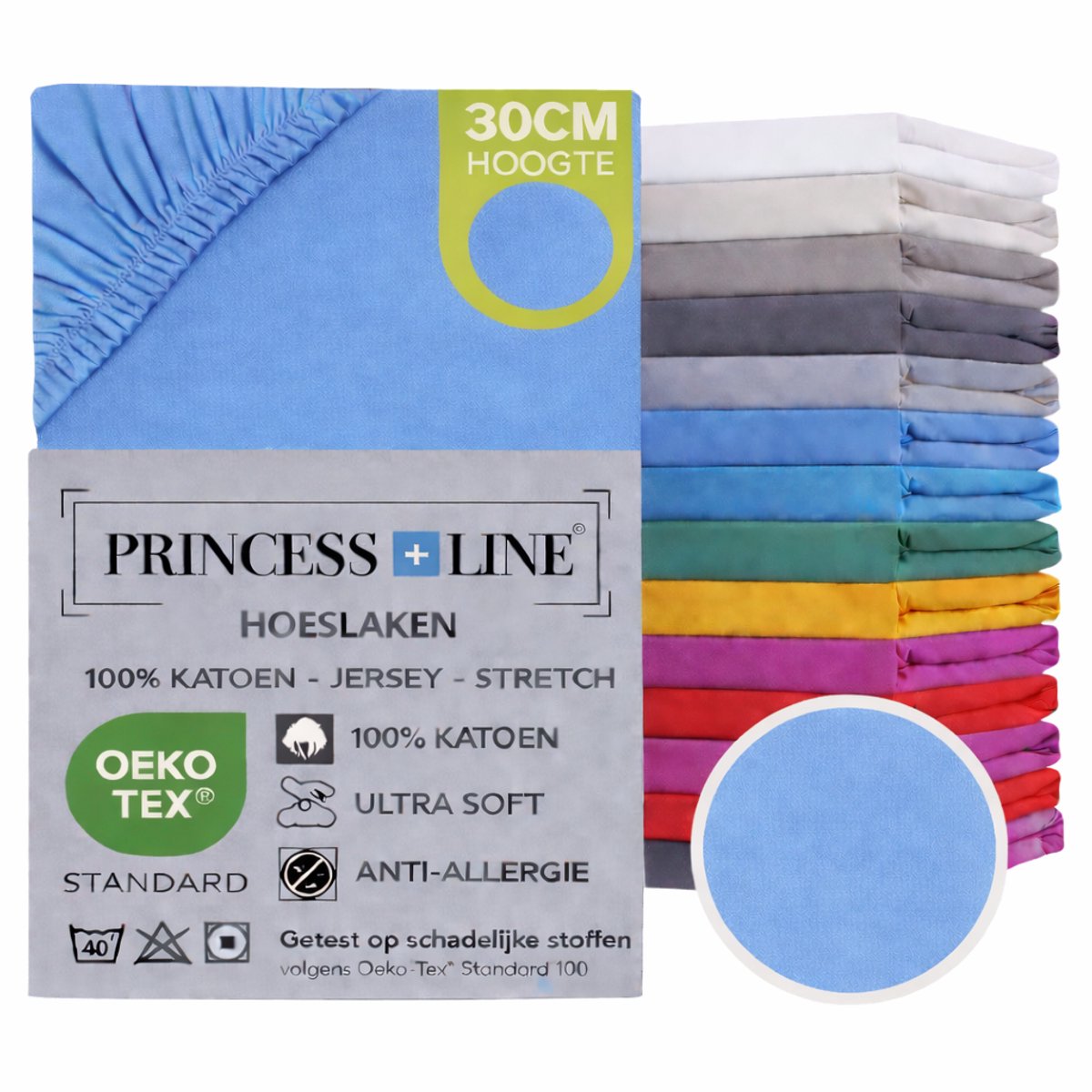 Princess Line- Comfortabel Ultra-Soft-Hoeslaken -100% katoen-Jersey -Stretch -Strijkvrij- Rondom elastiek-Hoekhoogte tot 30cm-2Persoons-160x200 cm-Licht Blauw
