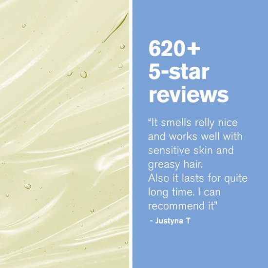 Close-up van een gele, gel-achtige substantie met bubbels, met blauwe tekst '620+ 5-star reviews' en een klantrecensie.