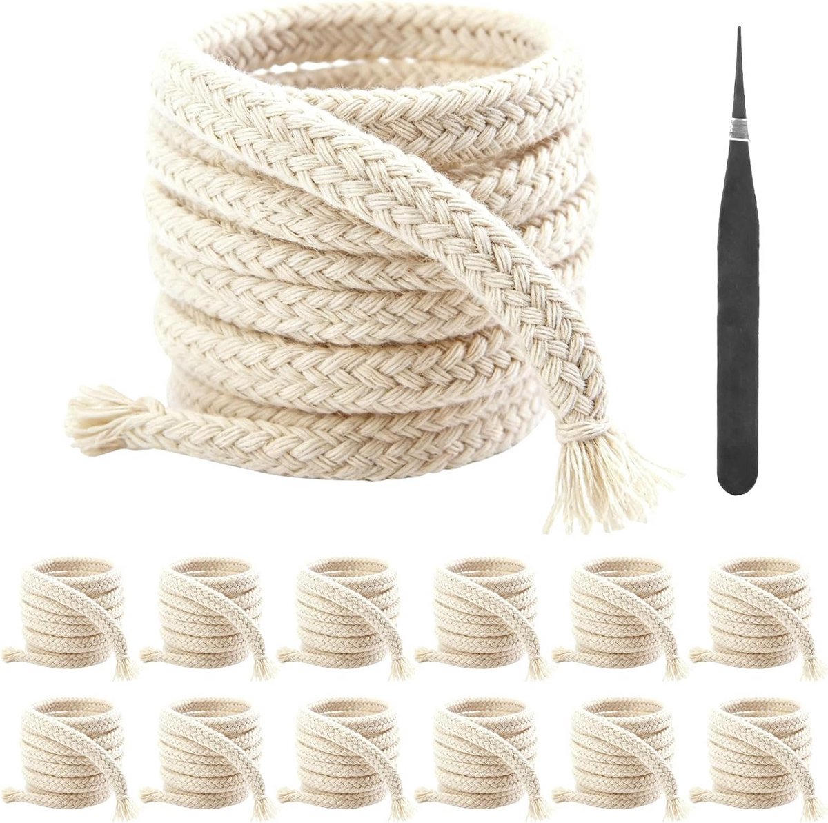 12 Rollen Katoenen Pit Touw (6mm x 1m) Universele Vervanging voor Olielampen en Tuinfakkels Inclusief Pincet