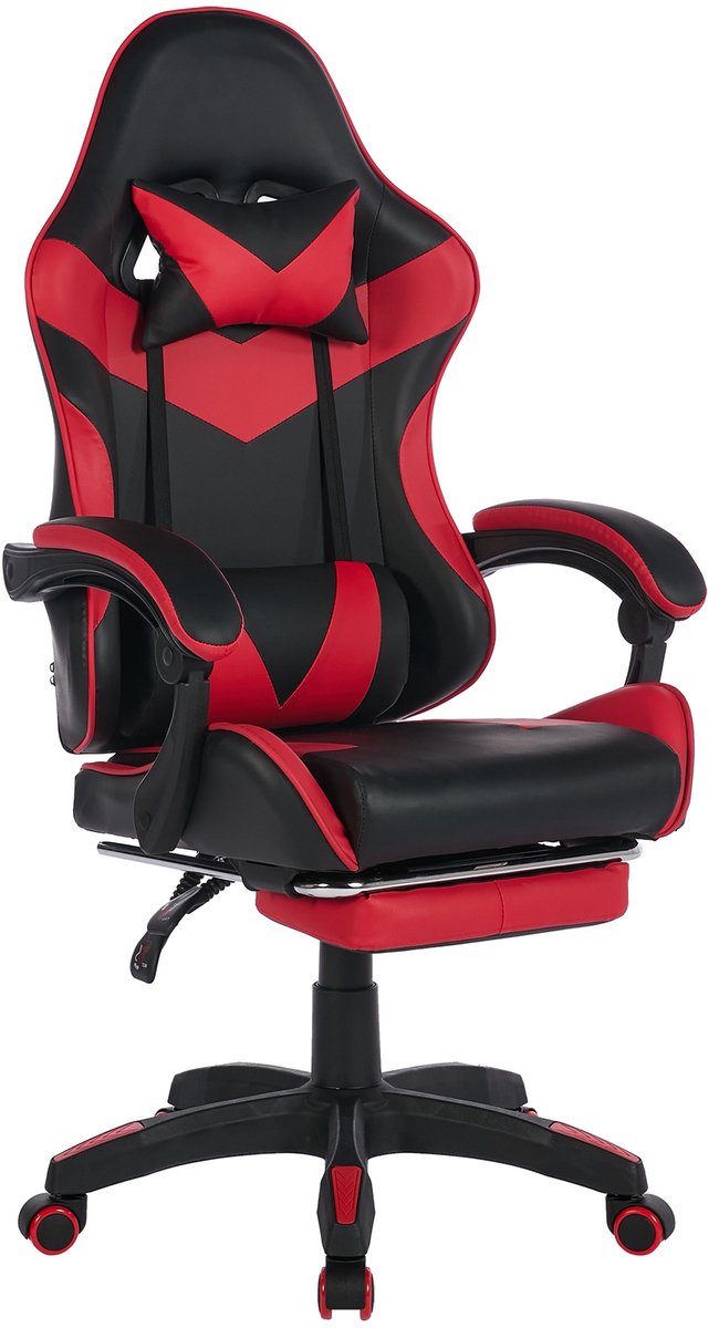Gaming Stoel - Ergonomisch - 360° Draaibaar - Verstelbare Hoogte - Hoge Rug - Met Voetensteun - Hoofdsteun & Lendensteun - Kunstleer - Zwart/Rood
