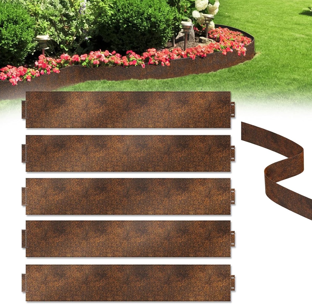 Aufun Gegalvaniseerde Gazonrand - 5 Stuks - 100 cm X 18 cm (Lengte X Hoogte) - 5 Meter - Gegalvaniseerde Metalen Bloembedrand - Roestkleurig - Verweerde Afwerking Bloembedrand - Gazonrand - Geschikt Voor Tuinen, Gazons, Bloembedden