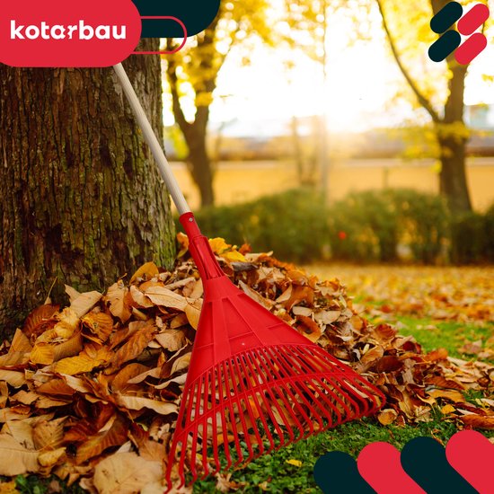 KOTARBAU® Bladhark, Tuinhark van Kunststof, 50 cm, met Houten Steel, 150 cm, Extra-Click, Gazonhark, Waaierbezem, Stevige Hark, Hark voor Gras Tuin Gazon, Rood & Gelakt Hout van Merkloos	 — afbeelding 4
