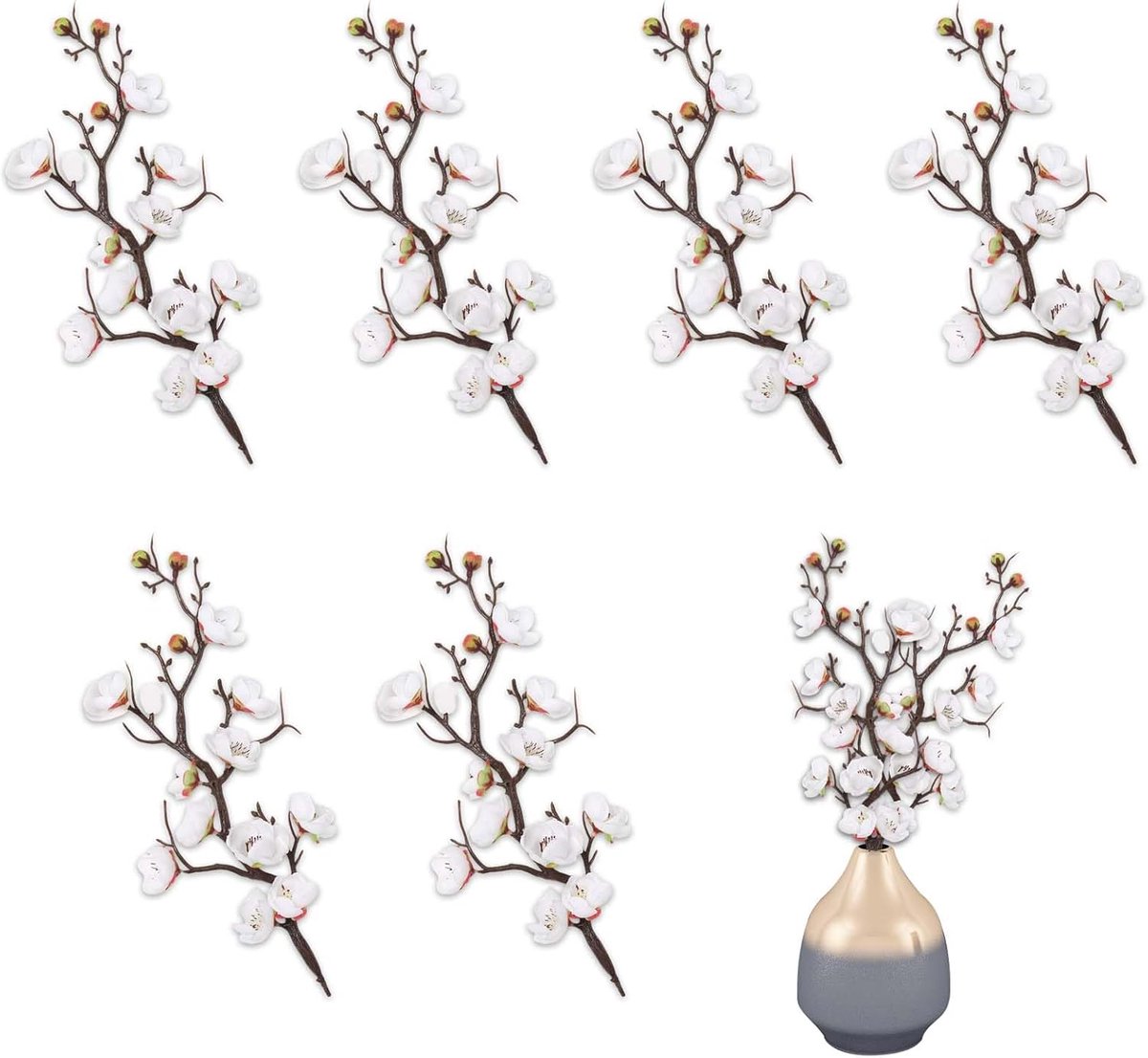 Famanu Kunstmatige Witte Pruimenbloesem Stuks - Set van 6 Realistische Zijden Nepbloemen voor Thuis - Keuken - Kantoor - Hoteldecoratie en Bloemstuk Centerpieces voor Tafel