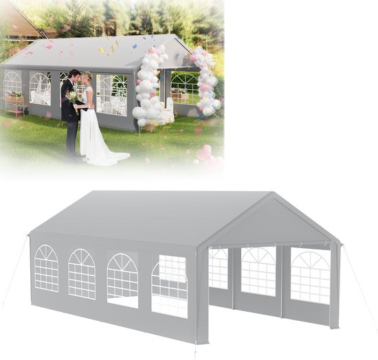 Grijze partytent met gebogen ramen, afgebeeld met een bruidspaar voor een ceremonie en een aparte afbeelding van de lege tent.