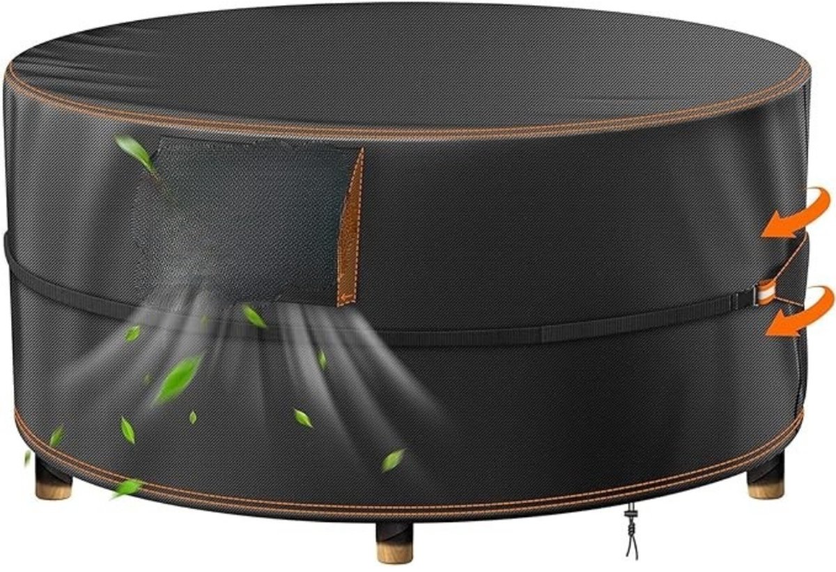 Famanu Ronde tuintafelhoes - waterdicht - winddicht - 420D Oxford-weefsel - ventilatierooster - 4 klittenbandsluitingen (150 x 71 cm) zwart