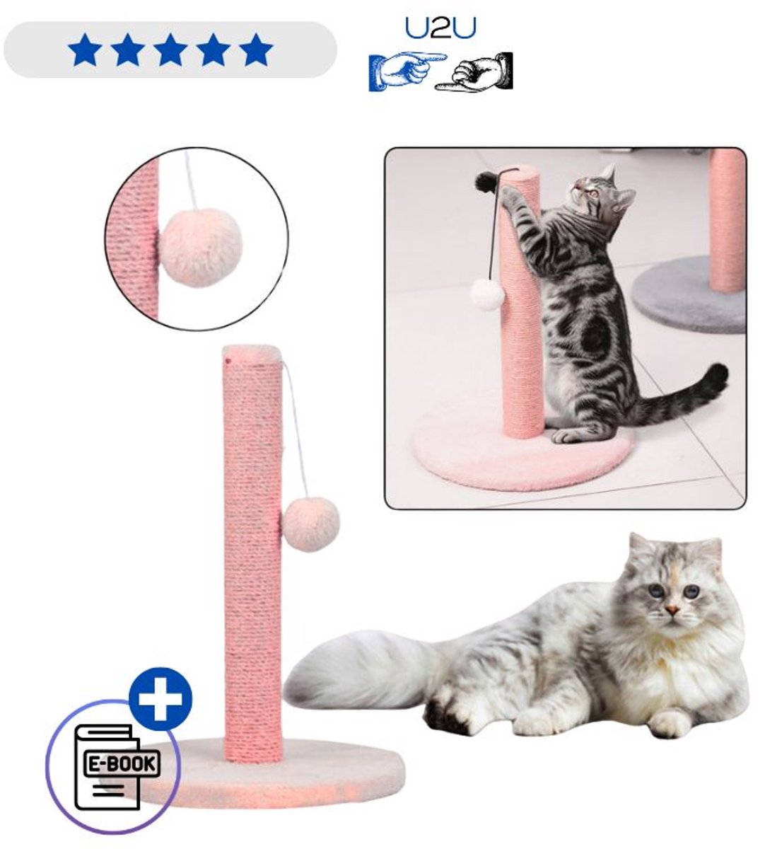 Katten Krabpaal Toren Roze 40x30 cm Lage Krabtoren met Sisal Touw Speelkoord met Pompon Stevig en Stabiel Krabmeubel voor Katten Beschermt Meubels Stimuleert Beweging Geschikt voor Katten Interieurvriendelijk Design XL Met Ebook