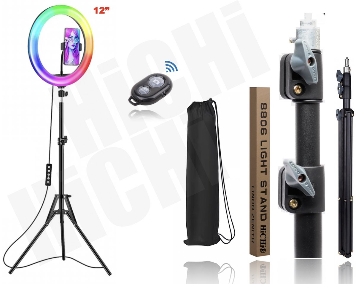 HiCHi® Ringlamp RGB 12inch met Statief 2M & afstandsbediening - Studiolamp – Ring Light - Selfie Ringlight voor Telefoon - Statief - Tik tok - flitser – Make up light – Studiolamp
