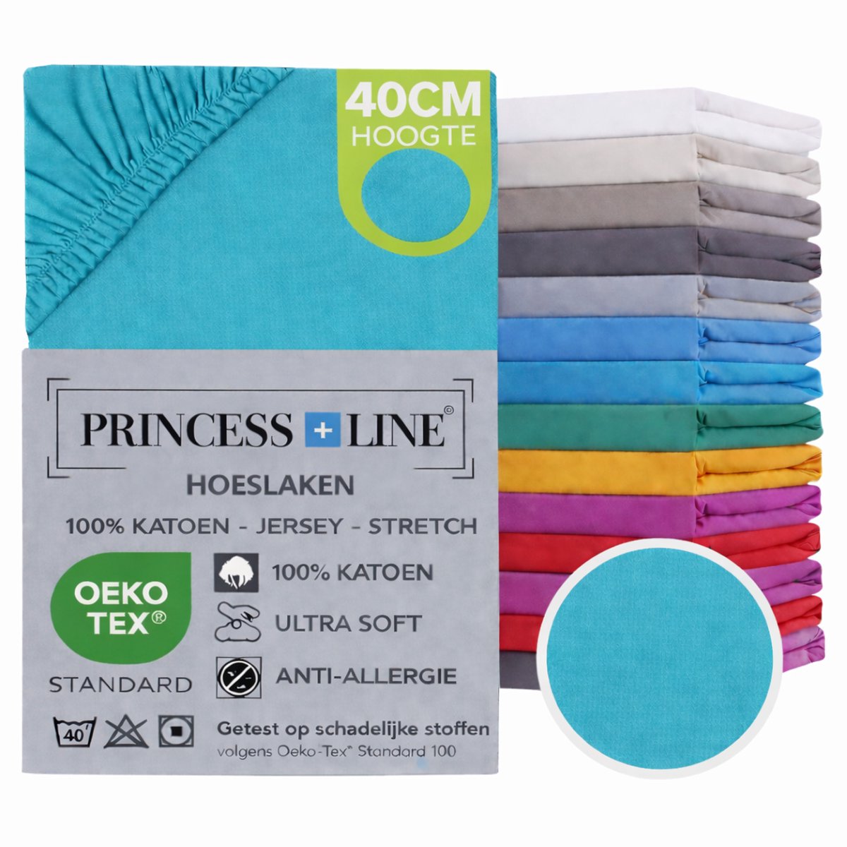 Princess Line- Comfortabel Ultra-Soft-Hoeslaken -100% katoen-Jersey -Stretch -Strijkvrij- Rondom elastiek-Hoekhoogte tot 40cm-Voor Boxspring-Waterbed-2Persoons- Lits-Jumeaux-180x220x40cm-Turquoise