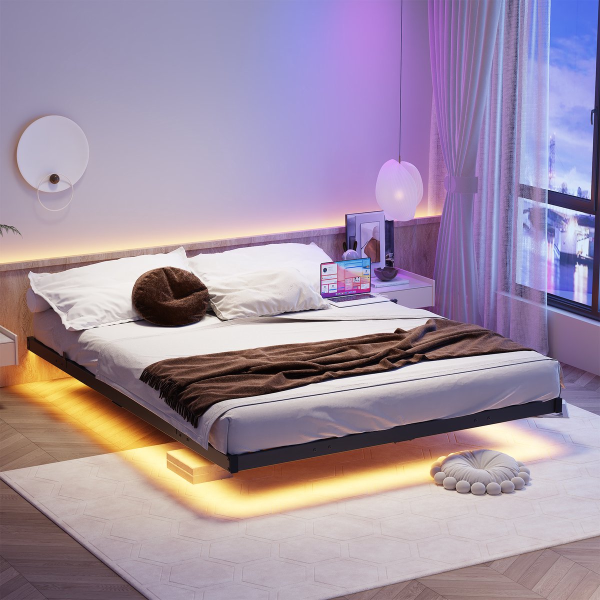 Wishdor Bedframe 140x190 cm – Zwevend Effect met LED Verlichting – Oplaadstation met USB – Metaal – Zwart