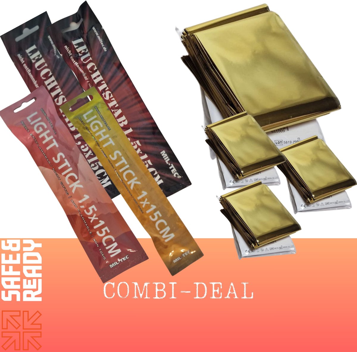Combi-Deal - Nooddeken - 4 stuks - Reddingsdeken -Isolatiedeken - Noodpakket - Survival - INCL. 4 Kleuren Professionele Mil-Tec Breaklights / Glowsticks - Branden 8 tot 12 Uur!!!