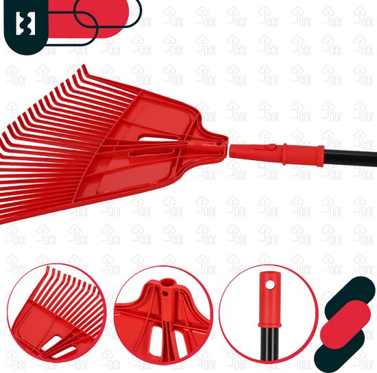 KOTARBAU® Bladhark, Tuinhark van Kunststof, 68 cm, met Aluminium Steel, 150 cm, Extra-Click, Gazonhark, Waaierbezem, Stevige Hark, Hark voor Gras Tuin Gazon, Rood & Zwart van KOTARBAU — afbeelding 2