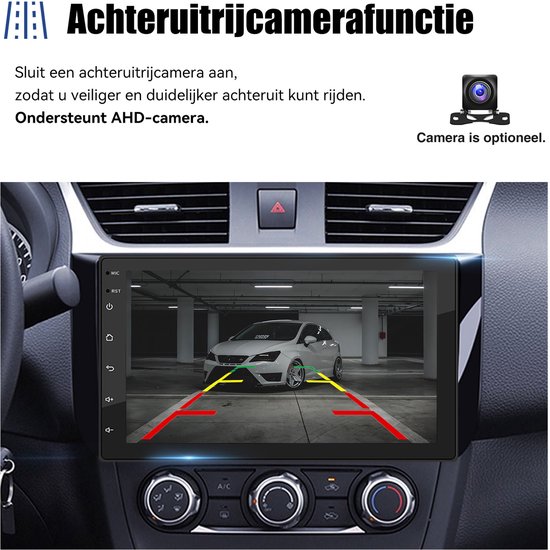 Beeld van achteruitrijcamera op autoradio-scherm. Parkeervakken met rode en gele lijnen zichtbaar.