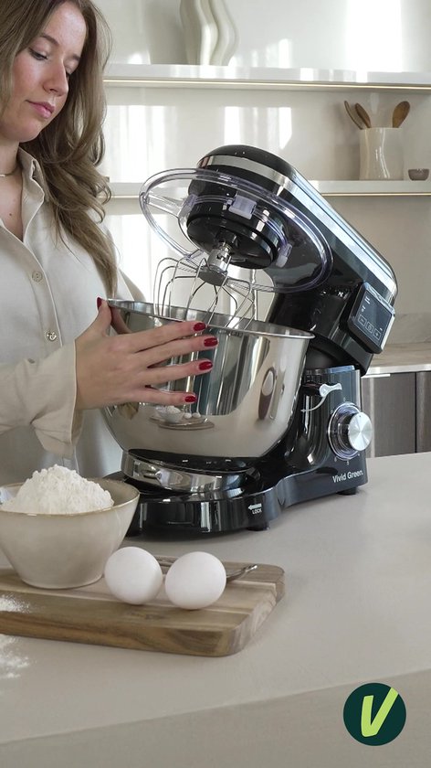 Vivid Green 2000W Keukenmixer - Timer & Automatische Stop - Geschikt voor Zwaar Deeg - 6,2L Mengkom - Keukenmachine - Keukenrobot - Zwart