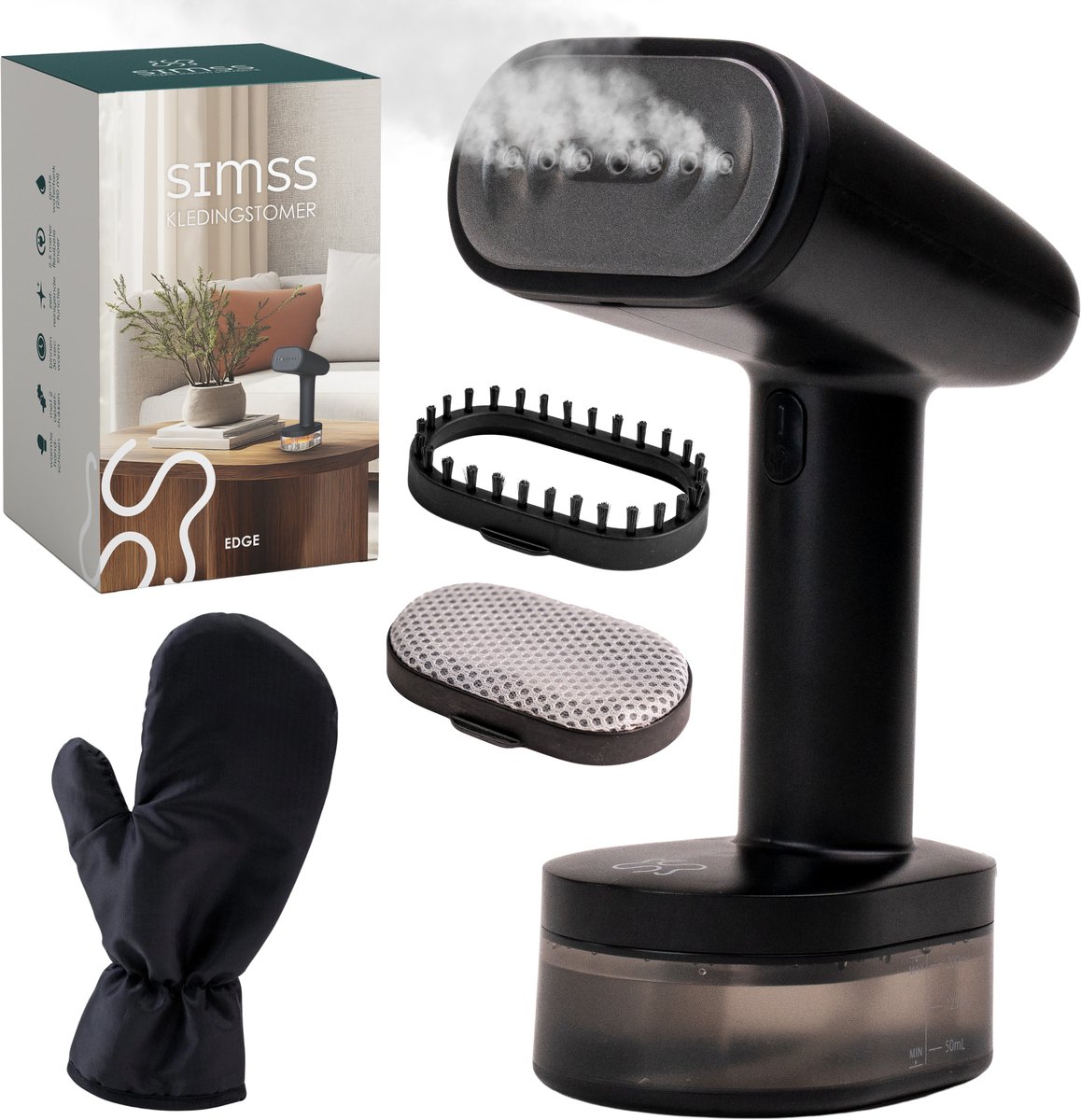 Simss® Kledingstomer - Handstomer met Zelfreinigende Functie - 1600W - 250 ml - Inclusief Accessoires - Elegant design - Mat - Zwart