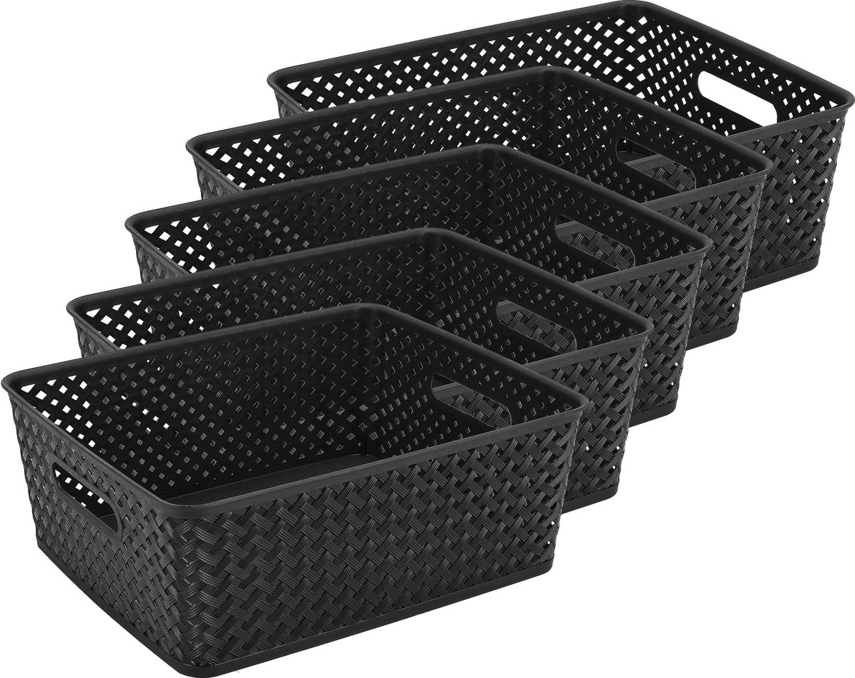 Opbergmand Zwart – 4 Stuks – ±12 Liter per Mand – Kunststof Opbergmand met Handgrepen – 35,3 x 29,5 x 13,3 cm