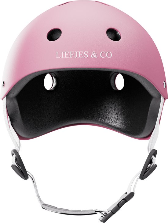 Roze kinderhelm met Liefjes & Co logo, verstelbare banden en kinbescherming.