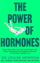 De cover van 'The Power of Hormones' in turquoise met de titel in donkergroene letters. Een gestileerde witte menselijke figuur met gekleurde stippen op het lichaam.