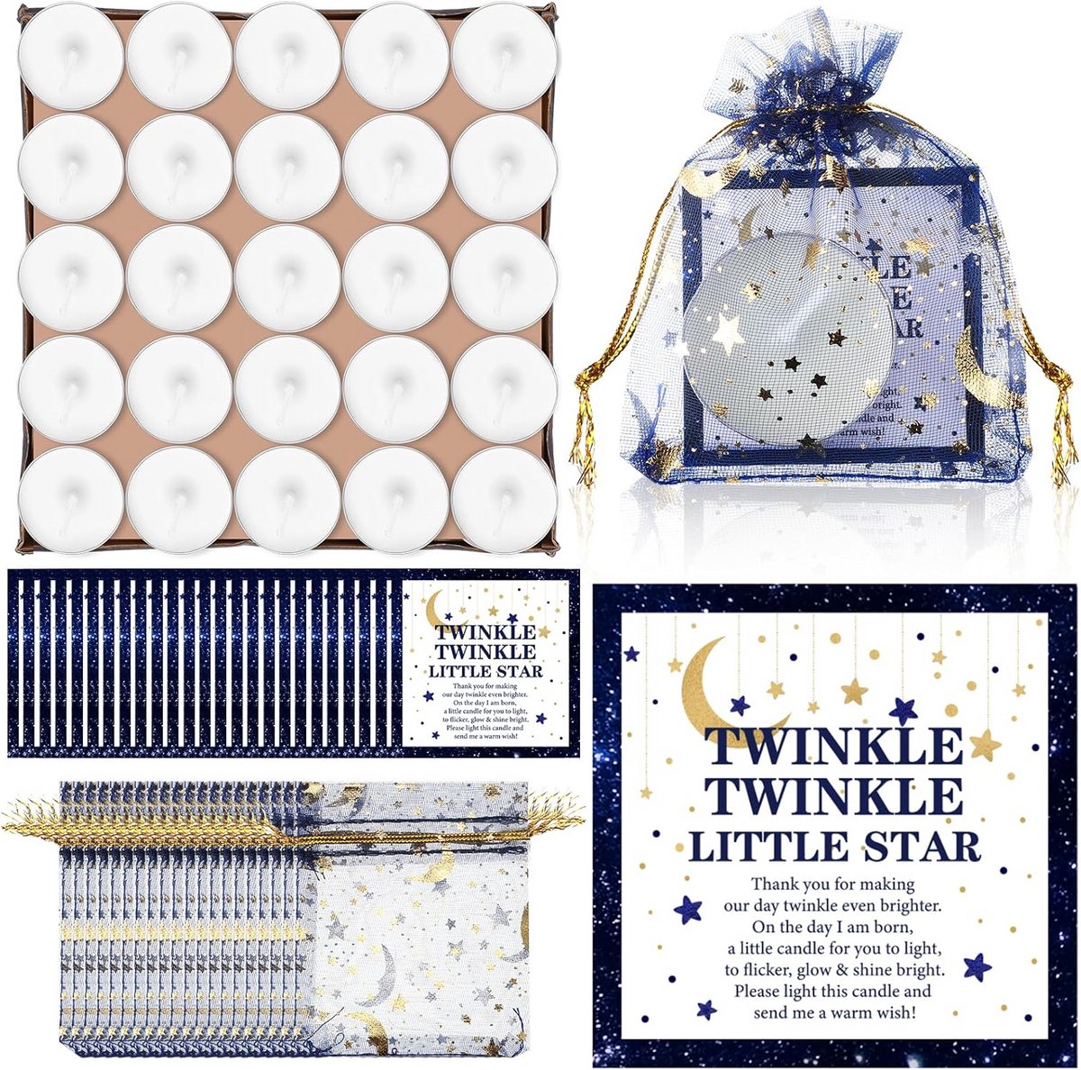 50x Kaarsjes Bedankjes voor Kraamfeest & Baby Shower - Inclusief Ster Organza Zakjes en Dankkaartjes