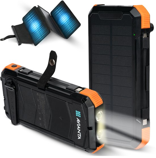 Avianta® Solar Powerbank 30.000 mAh met 3 Zonnepanelen - Avianta®Solar - €89,95