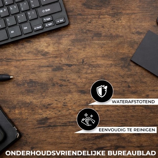 Bureau met bruin houtnerf blad, zwarte poten, waterafstotend en makkelijk schoon te maken.